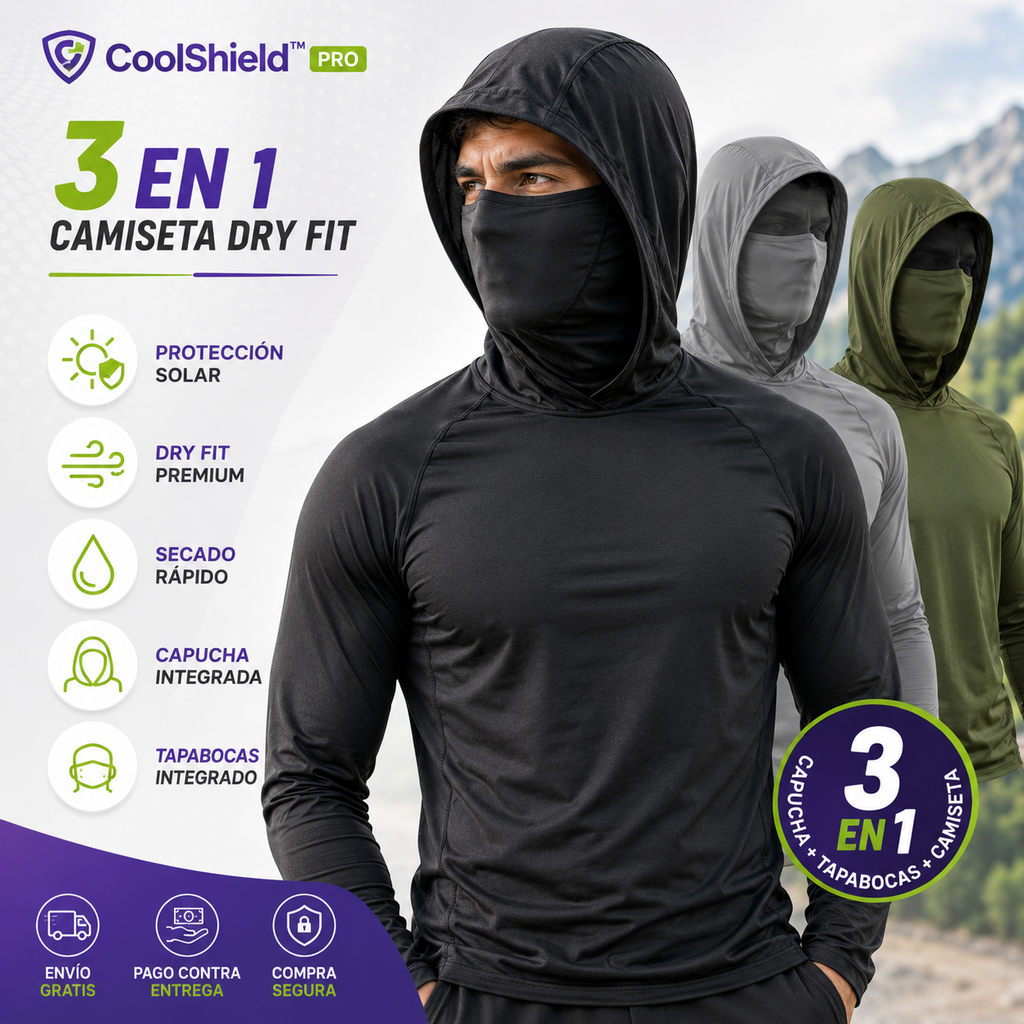CoolShield™ Pro 3 en 1" | Camiseta Dry Fit Premium con Capucha y Tapabocas Integrado