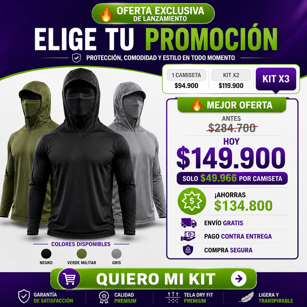 CoolShield™ Pro 3 en 1" | Camiseta Dry Fit Premium con Capucha y Tapabocas Integrado