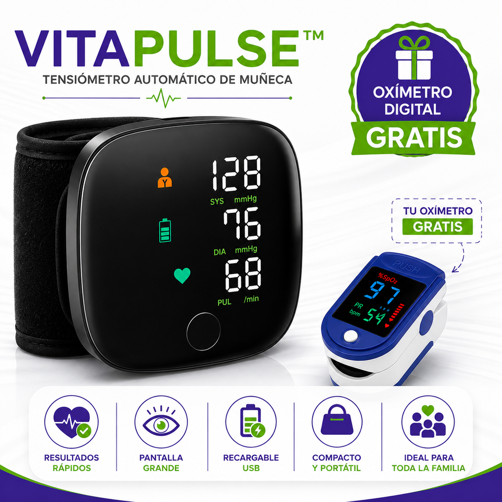 VitaPulse™ - Tensiómetro Automático de Muñeca + Oxímetro GRATIS