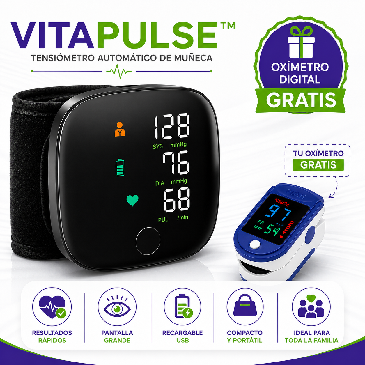VitaPulse™ - Tensiómetro Automático de Muñeca + Oxímetro GRATIS